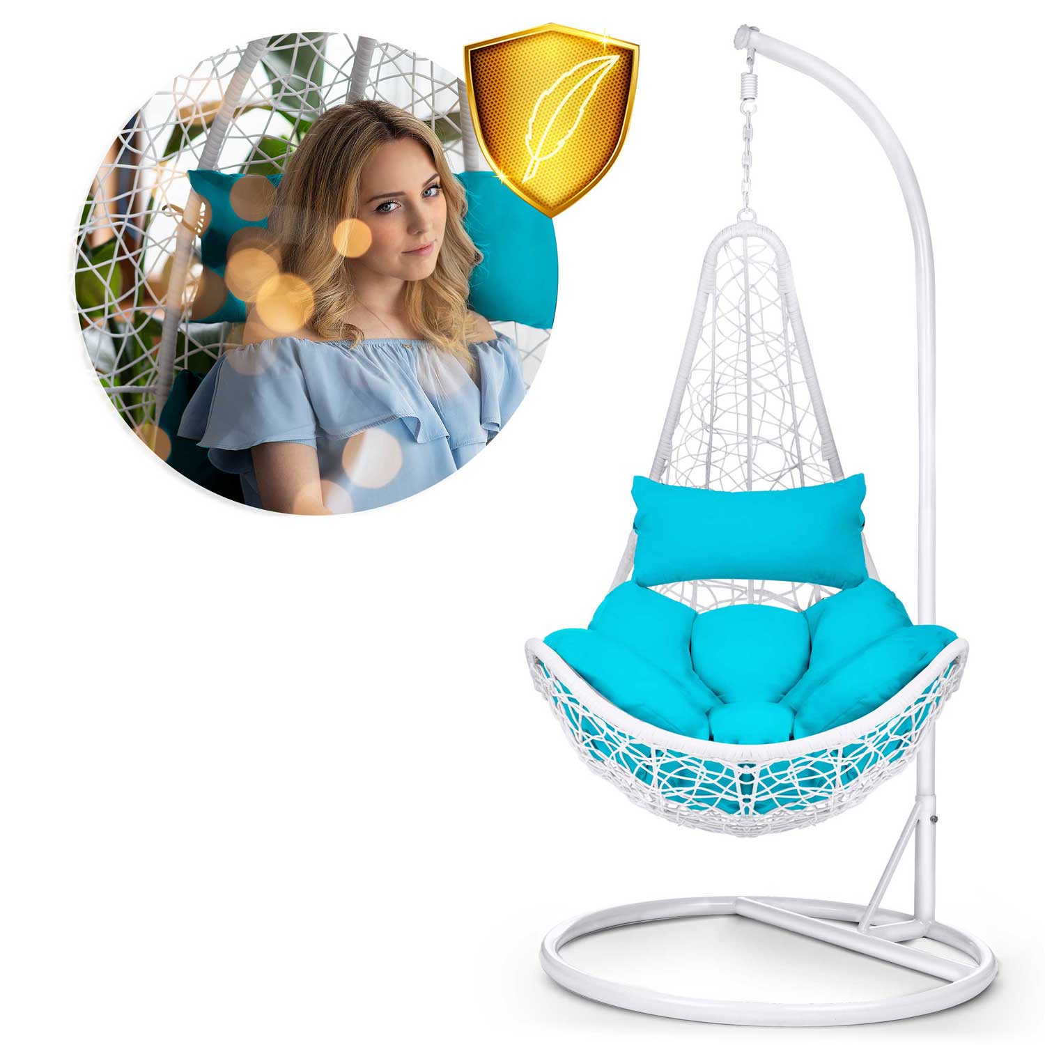 Стильна Підвісна Гойдалка Cabana Біла з Блакитними Подушками для Затишного Садового Релаксу - Зображення 12