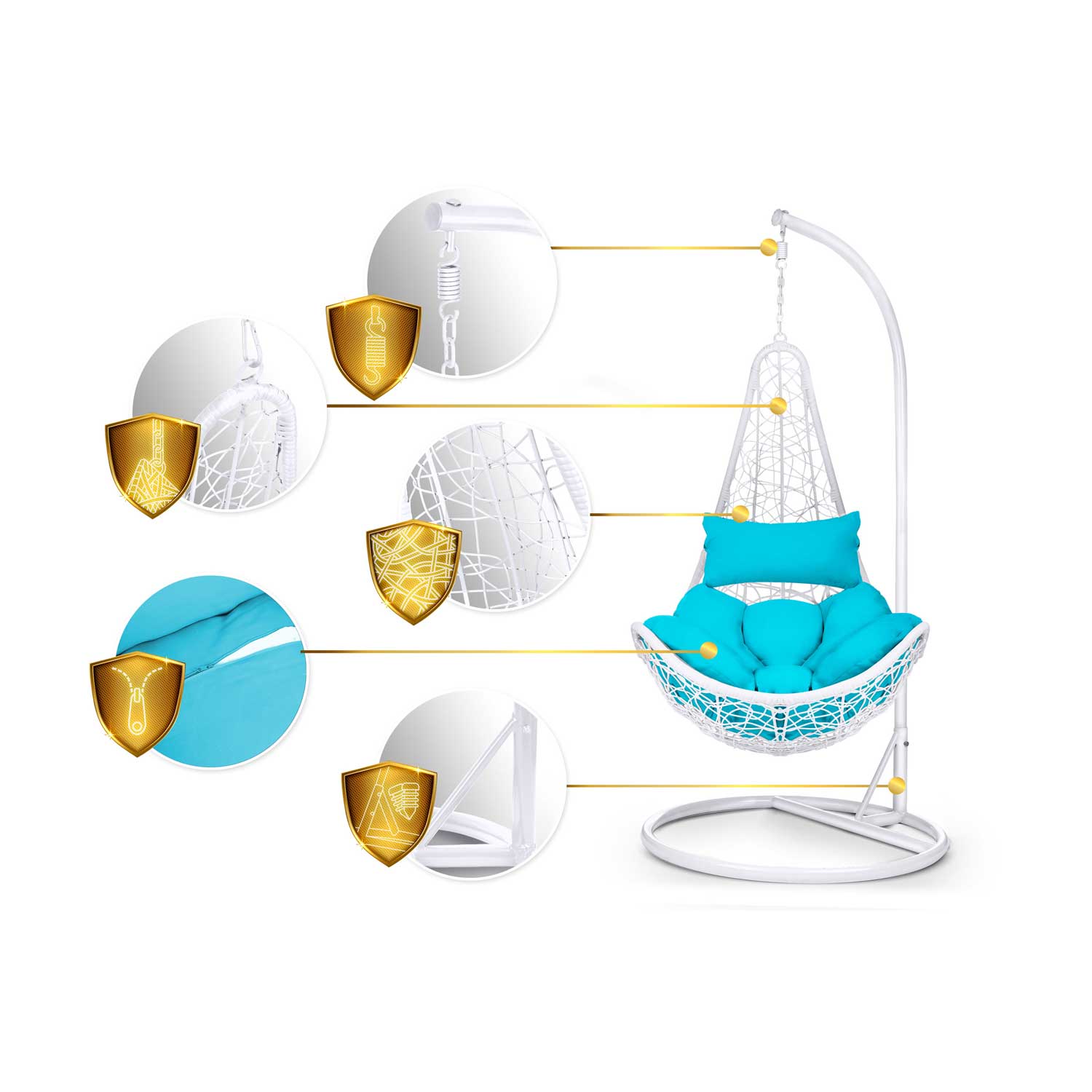 Стильна Підвісна Гойдалка Cabana Біла з Блакитними Подушками для Затишного Садового Релаксу - Зображення 13
