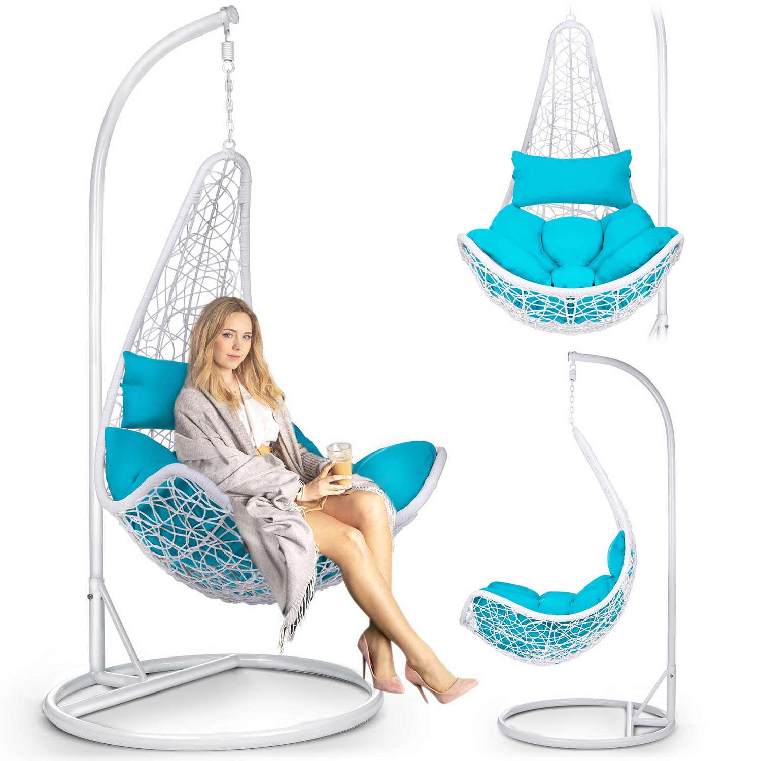 Стильна Підвісна Гойдалка Cabana Біла з Блакитними Подушками для Затишного Садового Релаксу