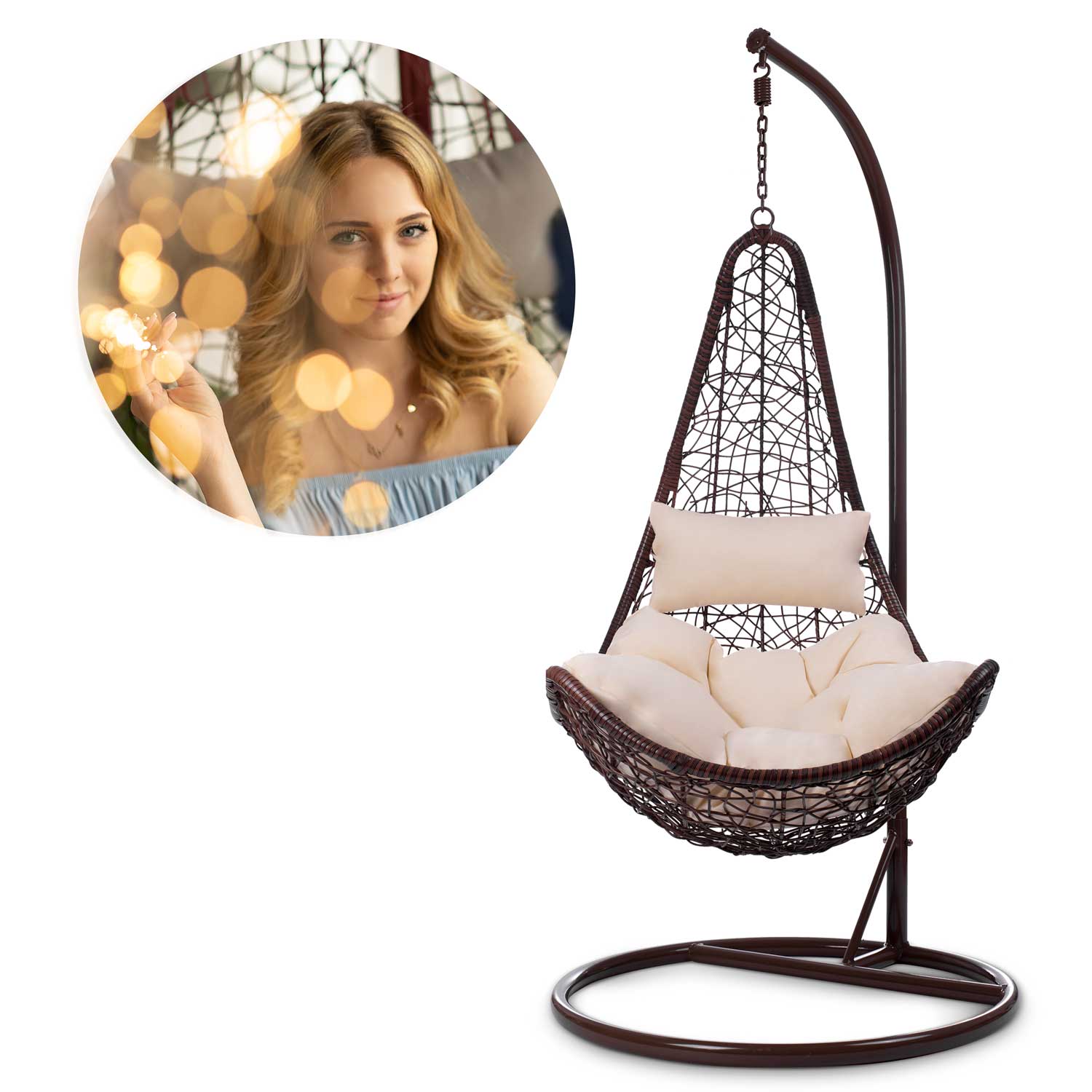 Стильне Підвісне Садове Крісло Cabana Коричневе з Бежевими Подушками для Природного Комфорту - Зображення 12