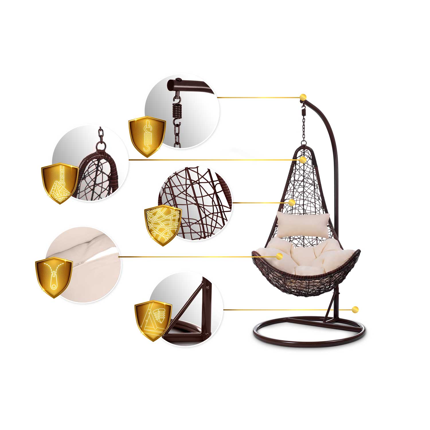 Стильне Підвісне Садове Крісло Cabana Коричневе з Бежевими Подушками для Природного Комфорту - Зображення 13