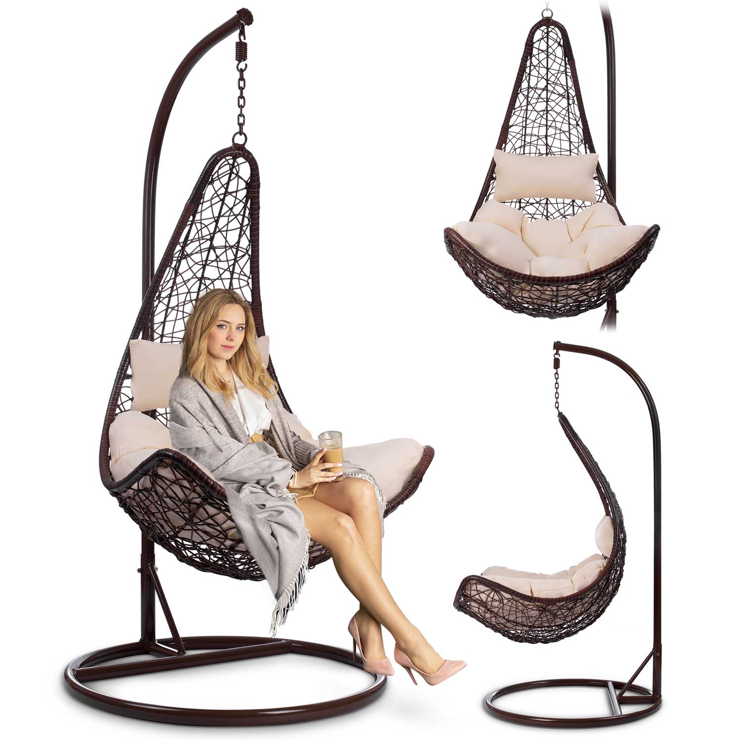 Стильне Підвісне Садове Крісло Cabana Коричневе з Бежевими Подушками для Природного Комфорту