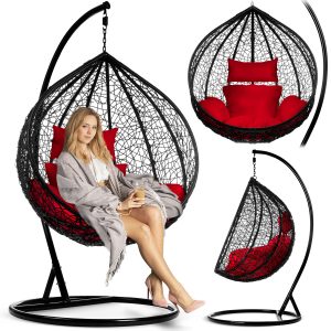 Яскраве Підвісне Садове Крісло Hawana Чорне з Червоними Подушками для Стильного Саду
