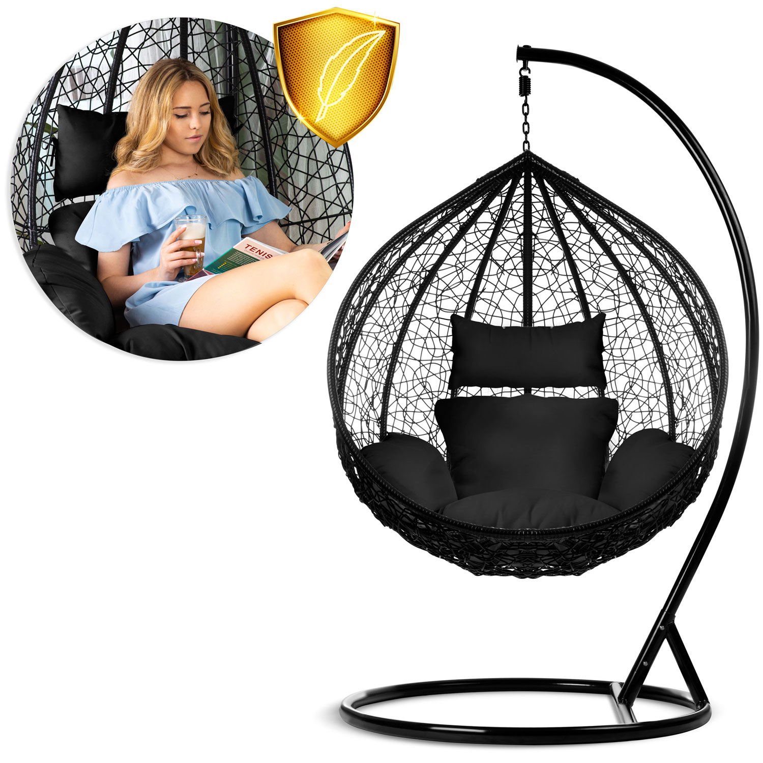 Комфортне Підвісне Садове Крісло Hawana Чорне з Чорними Подушками для Релаксу в Саду - Зображення 12