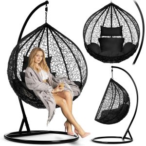 Комфортне Підвісне Садове Крісло Hawana Чорне з Чорними Подушками для Релаксу в Саду