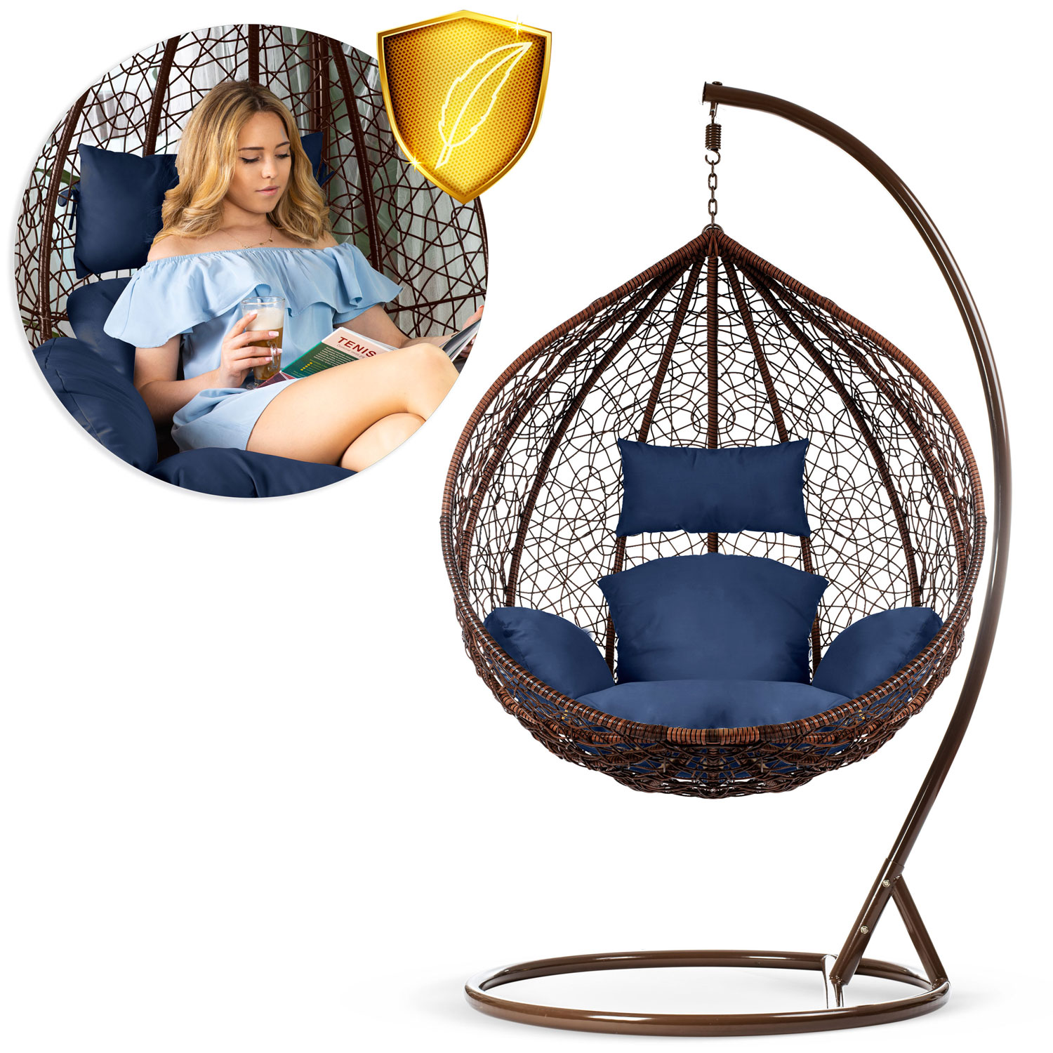 Сучасне Підвісне Крісло Hawana Sofotel Коричневе з Темно-Синіми Подушками для Садового Акценту - Зображення 12