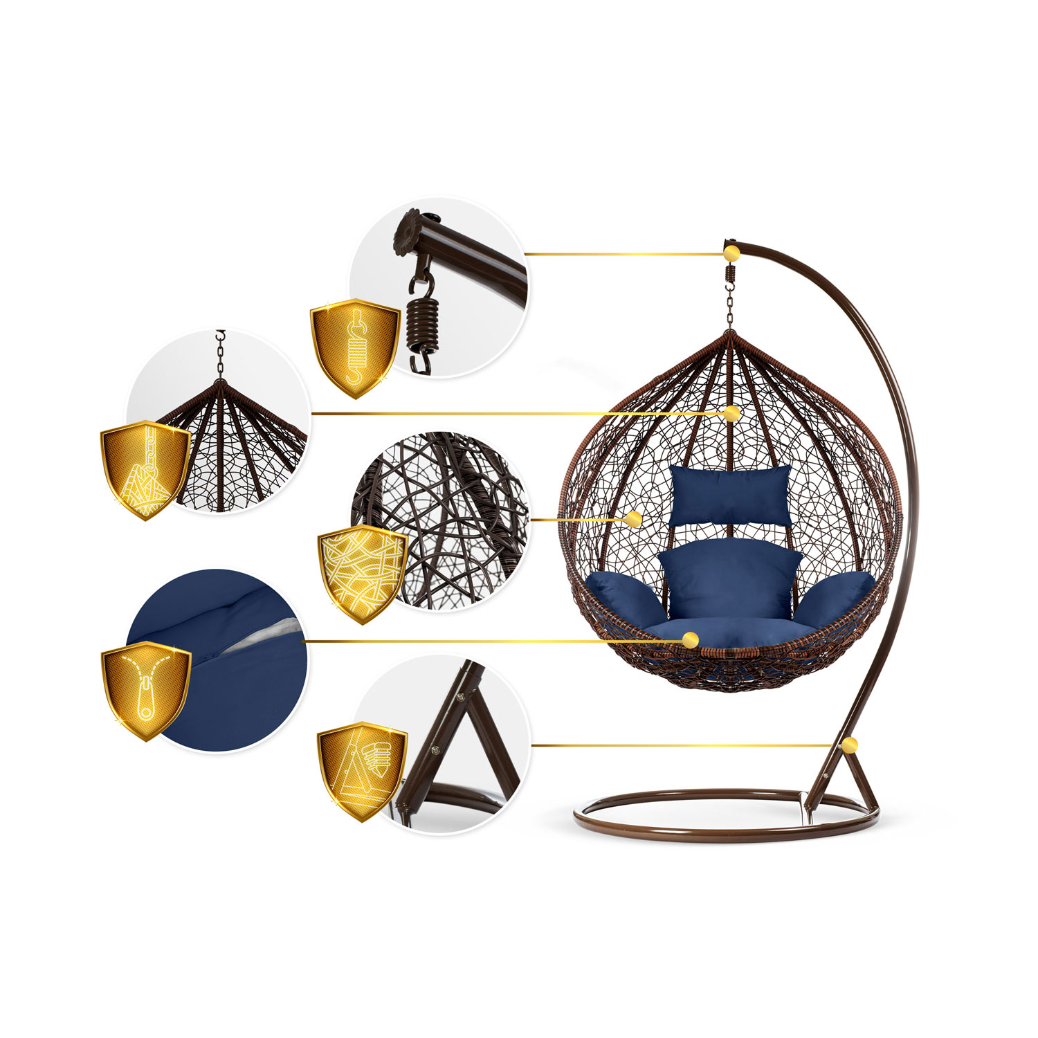 Сучасне Підвісне Крісло Hawana Sofotel Коричневе з Темно-Синіми Подушками для Садового Акценту - Зображення 13