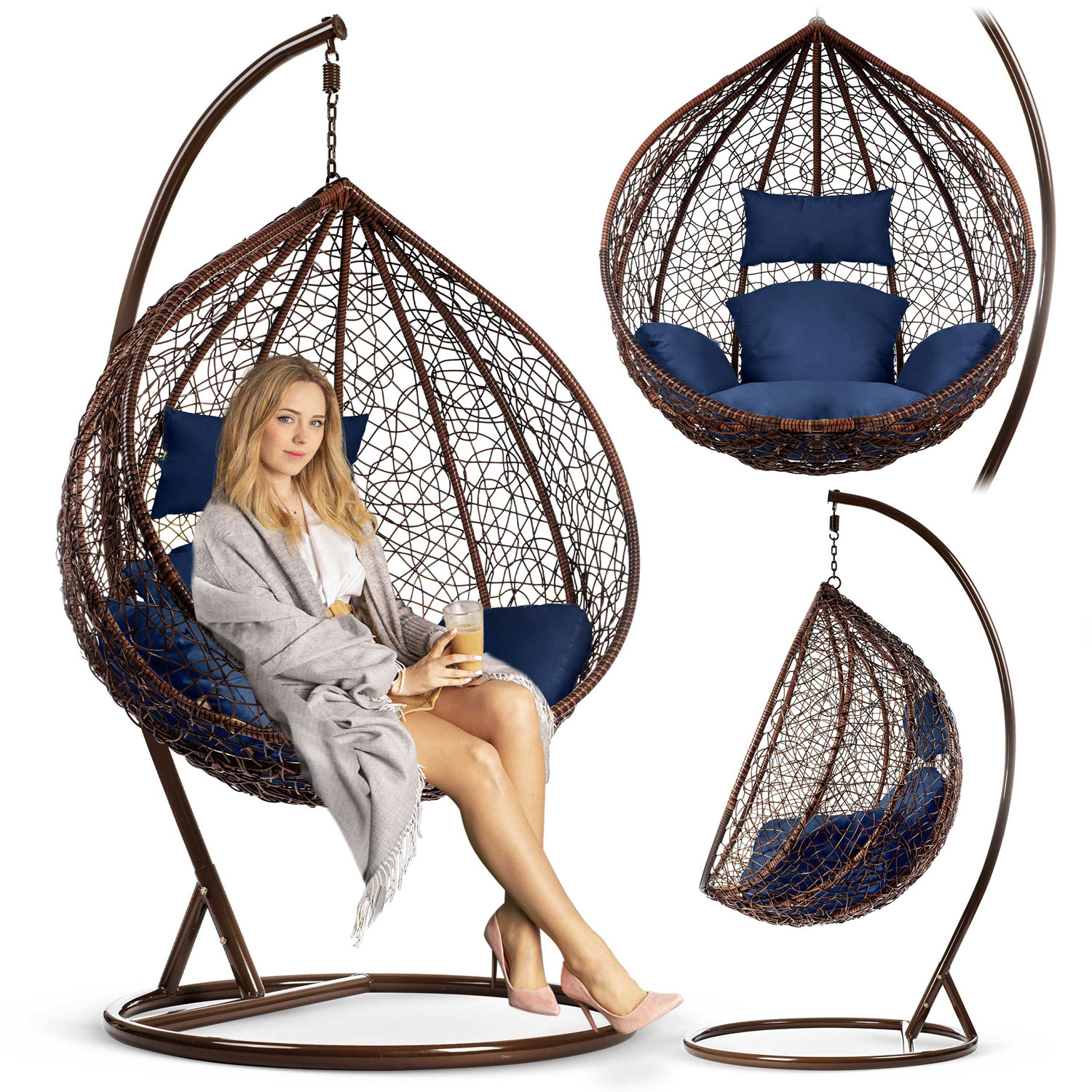 Сучасне Підвісне Крісло Hawana Sofotel Коричневе з Темно-Синіми Подушками для Садового Акценту