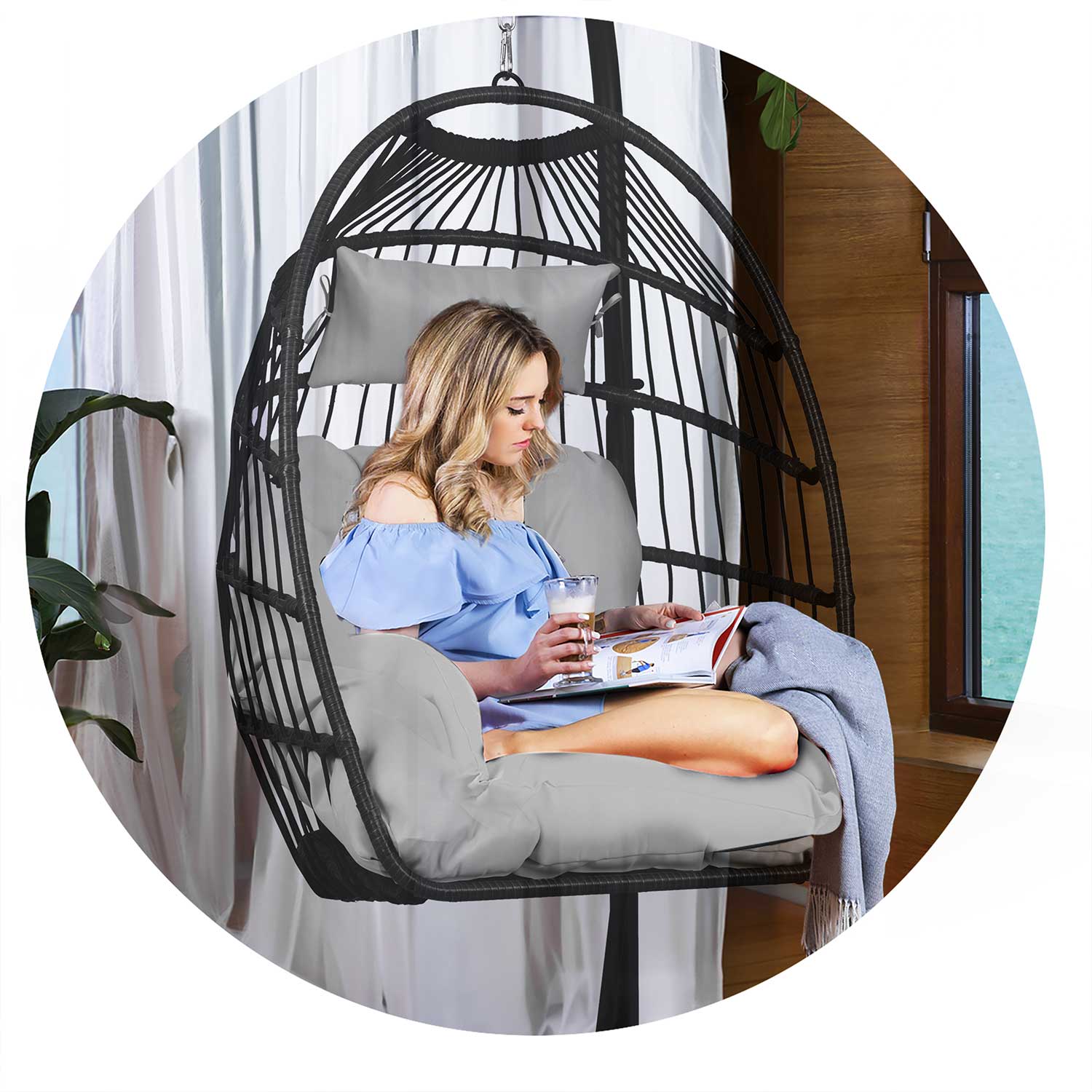 Сучасне Підвісне Садове Крісло Luisiana Чорне з Сірими Подушками Sofotel для Тераси - Зображення 8