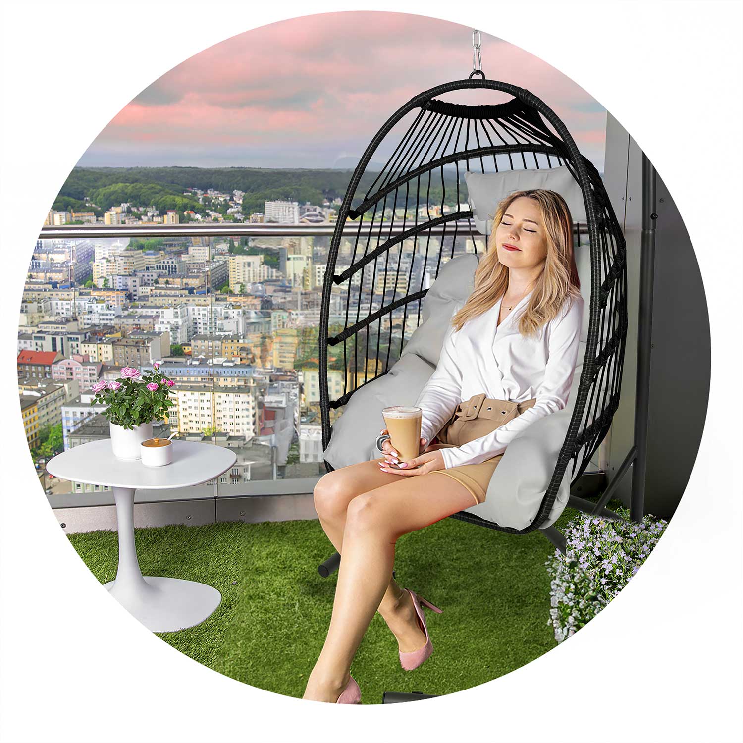 Сучасне Підвісне Садове Крісло Luisiana Чорне з Сірими Подушками Sofotel для Тераси - Зображення 9