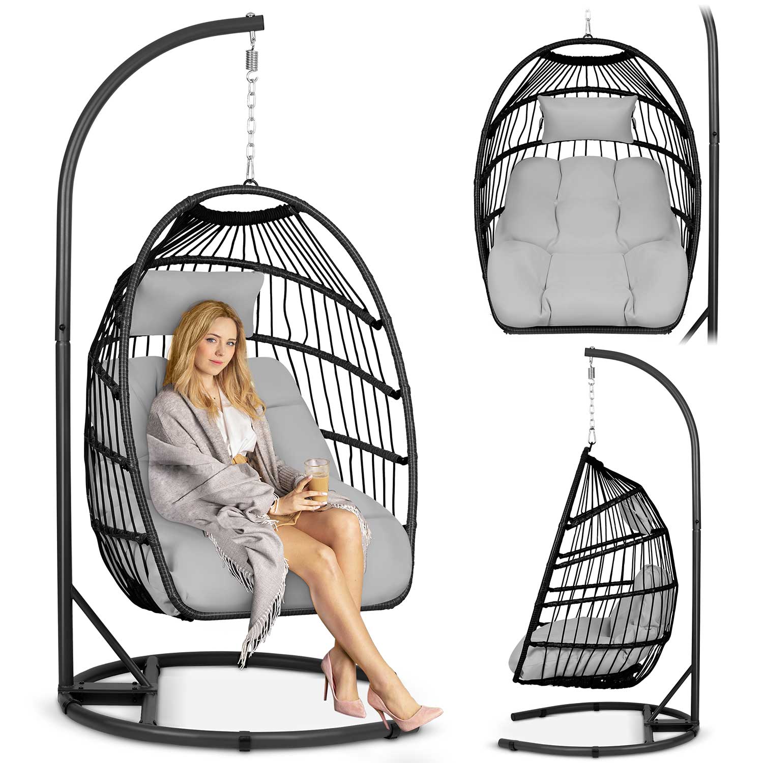 Сучасне Підвісне Садове Крісло Luisiana Чорне з Сірими Подушками Sofotel для Тераси