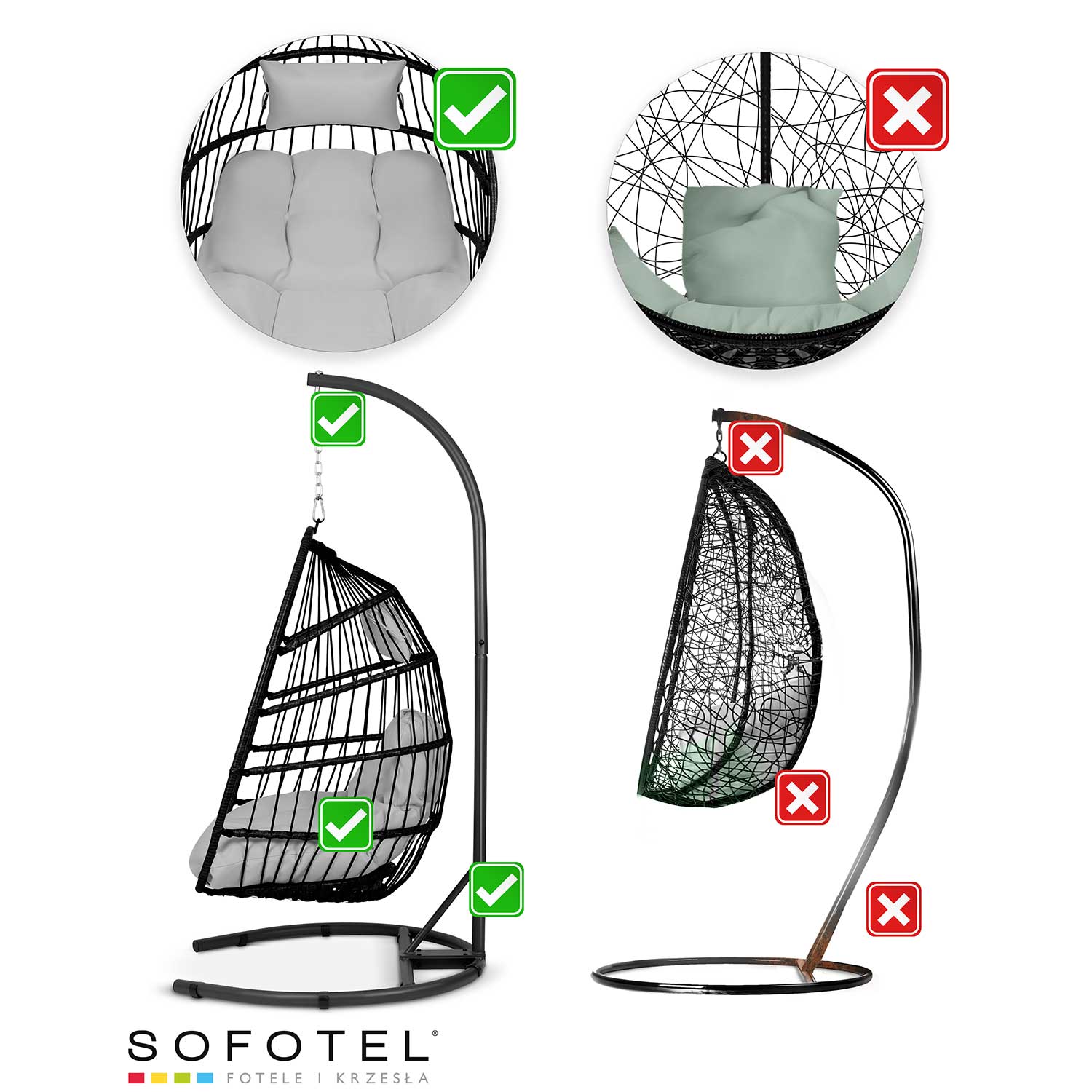 Сучасне Підвісне Садове Крісло Luisiana Чорне з Сірими Подушками Sofotel для Тераси - Зображення 12