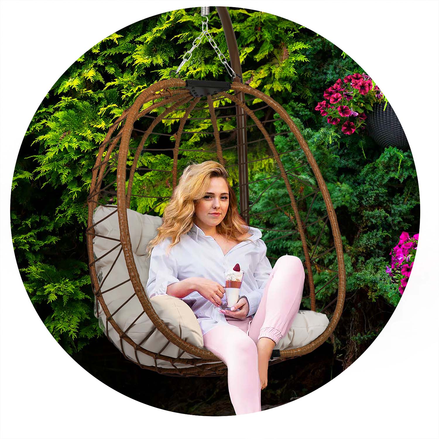 Затишне Підвісне Крісло Tihuana Sofotel Коричневе зі Світло-Бежевими Подушками для Релаксу - Зображення 7