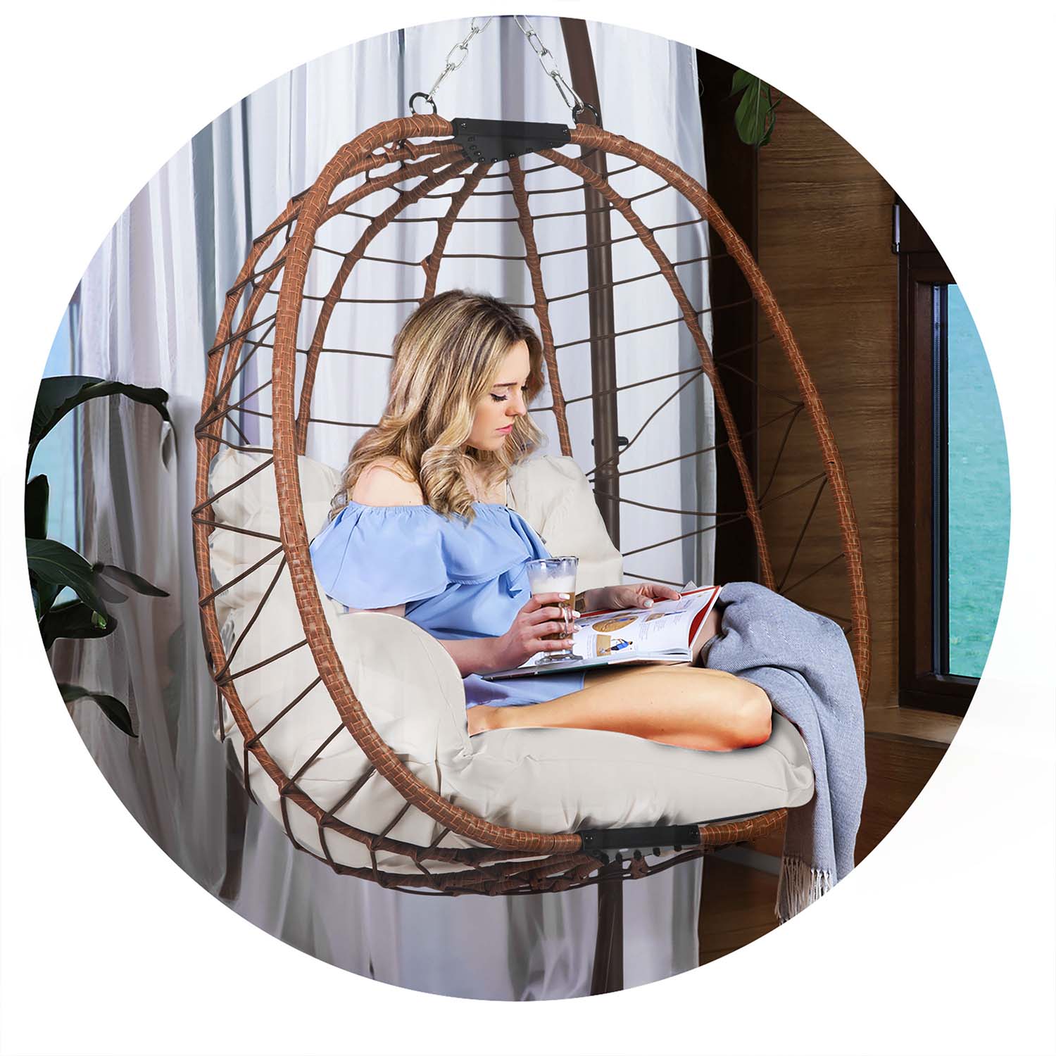 Затишне Підвісне Крісло Tihuana Sofotel Коричневе зі Світло-Бежевими Подушками для Релаксу - Зображення 8