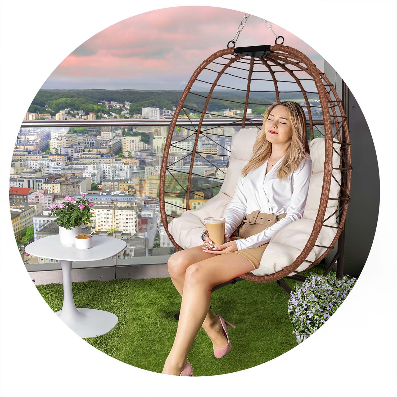 Затишне Підвісне Крісло Tihuana Sofotel Коричневе зі Світло-Бежевими Подушками для Релаксу - Зображення 10