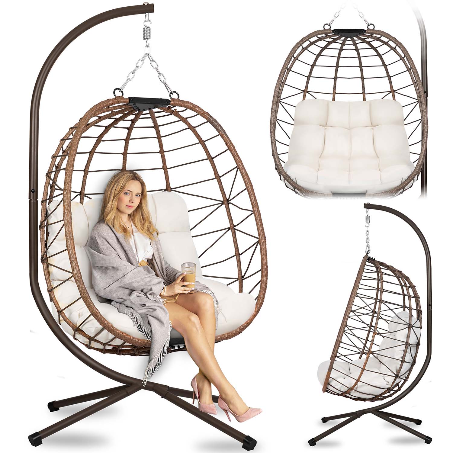 Затишне Підвісне Крісло Tihuana Sofotel Коричневе зі Світло-Бежевими Подушками для Релаксу