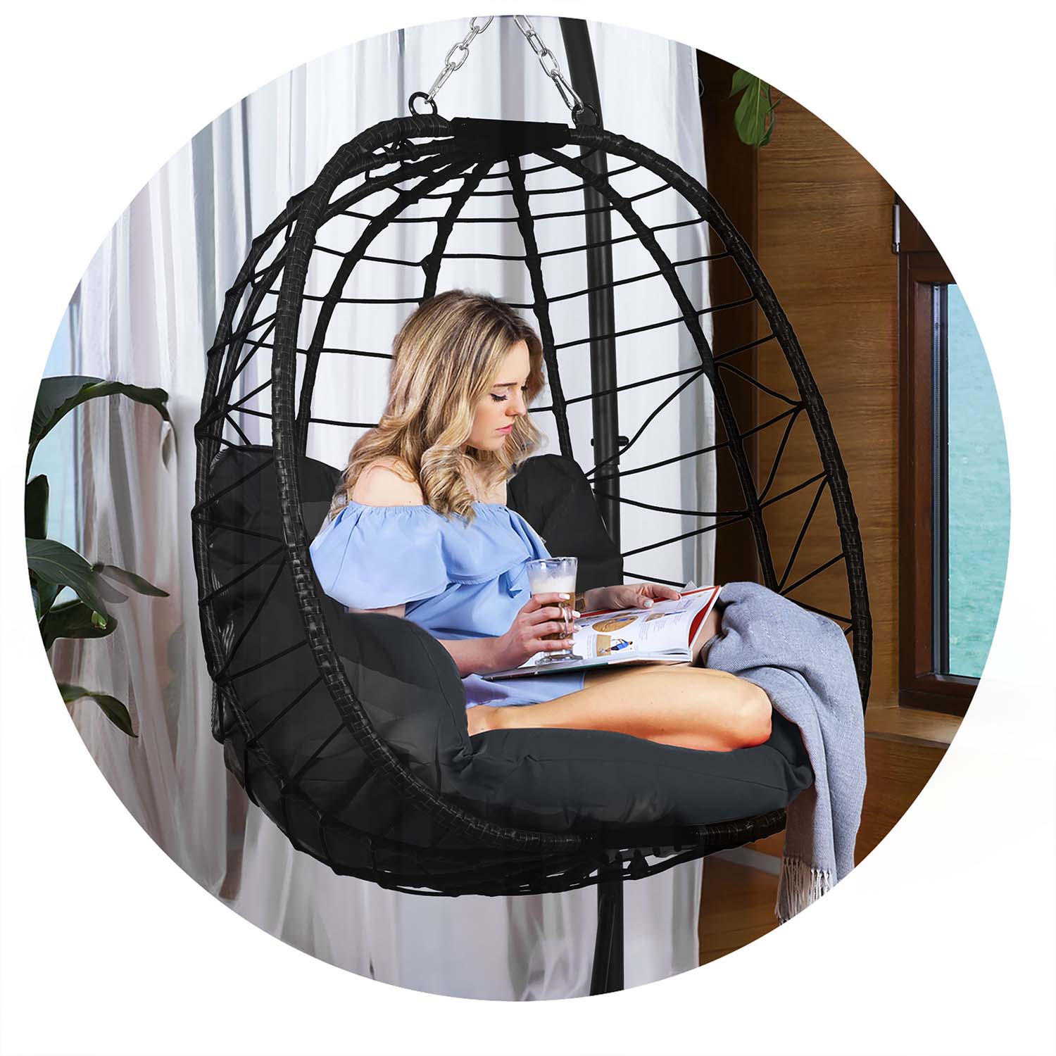 Мінімалістичне Підвісне Садове Крісло Tihuana Чорне з Чорними Подушками Sofotel для Стилю - Зображення 8