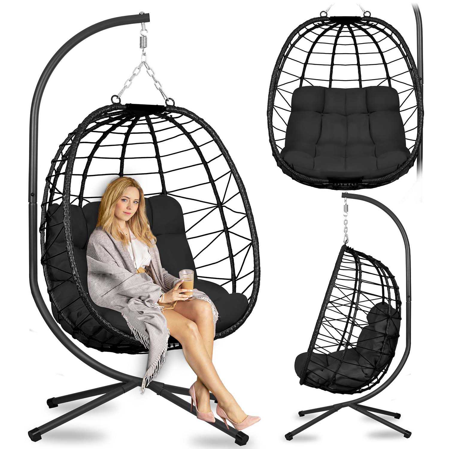 Мінімалістичне Підвісне Садове Крісло Tihuana Чорне з Чорними Подушками Sofotel для Стилю