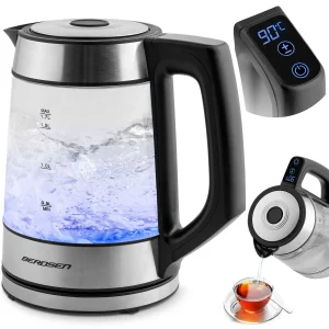 Електрочайник Berdsen BD-704 1.7л Скляний Чорно-Срібний з LED-Підсвіткою та Мінімалістичним Дизайном
