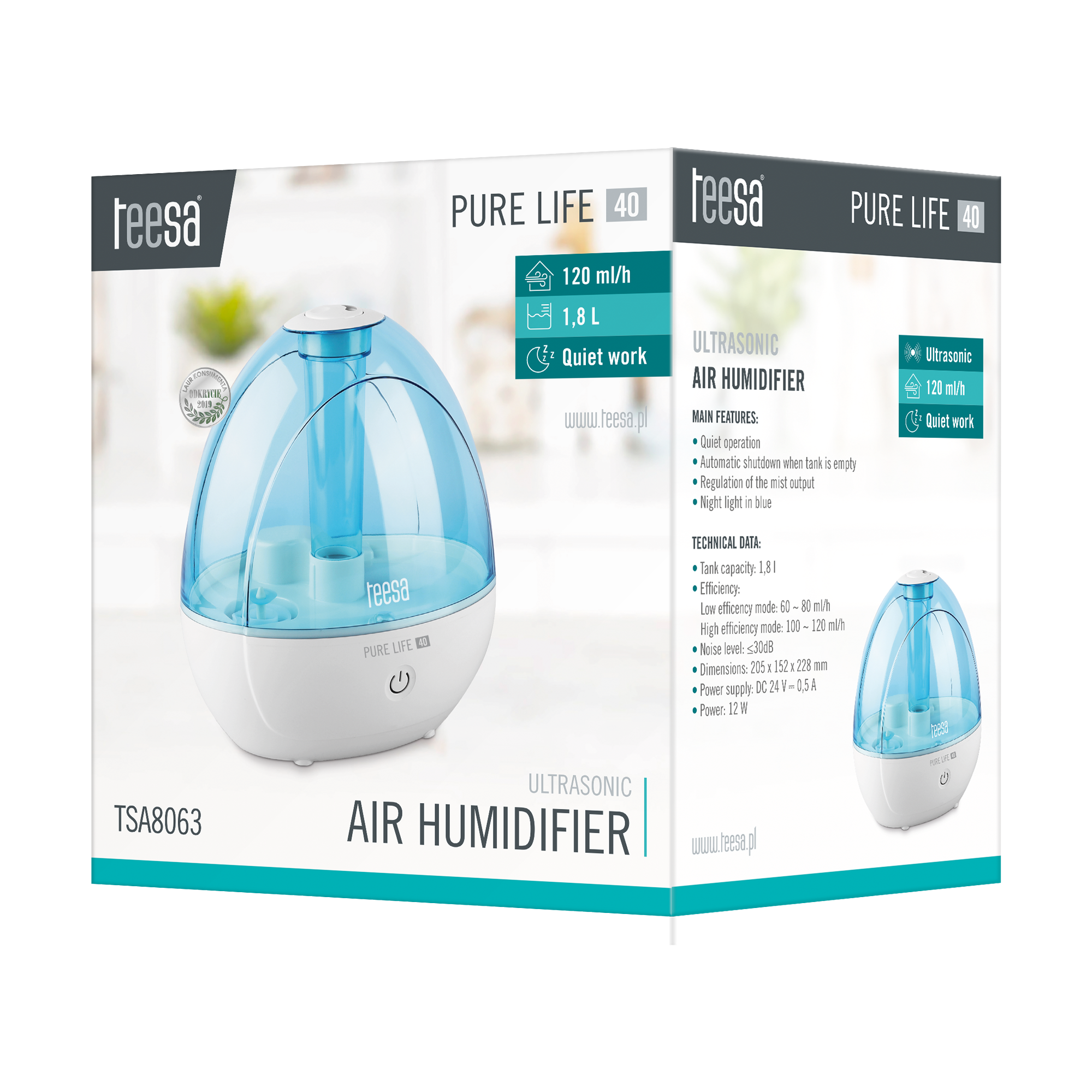 Ультразвуковий Зволожувач Teesa PURE LIFE 40 TSA8063 — Ідеальний Баланс Потужності та Дизайну - Зображення 6