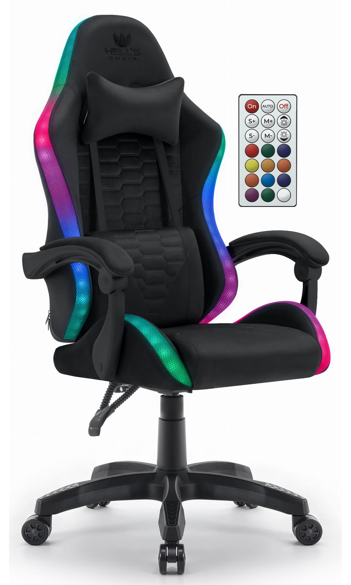 Геймерське крісло Hell's Chair HC-1000 Black з чорною тканиною та RGB-підсвіткою