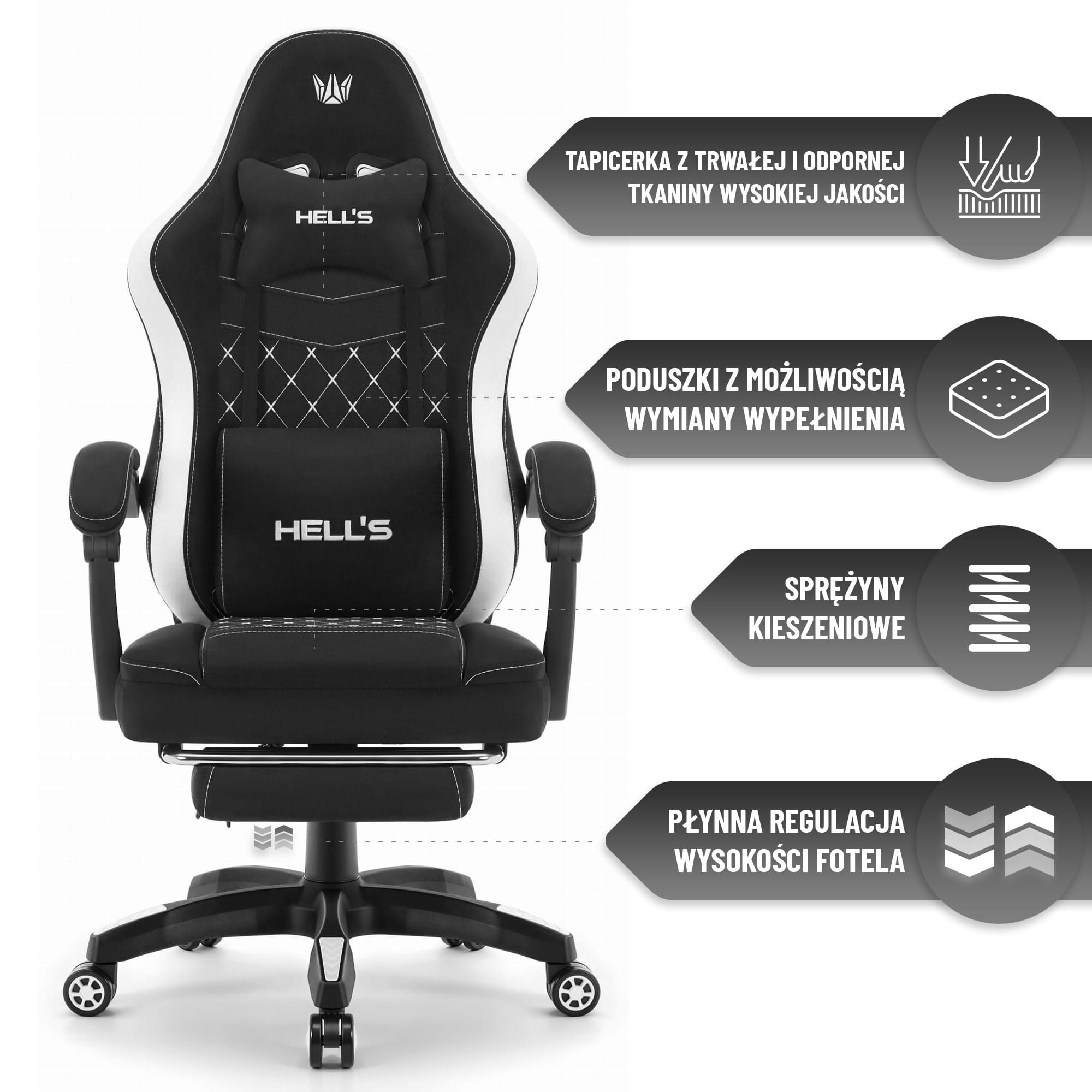 Геймерське крісло Hell's Chair HC-1015 Black White тканина - Зображення 10