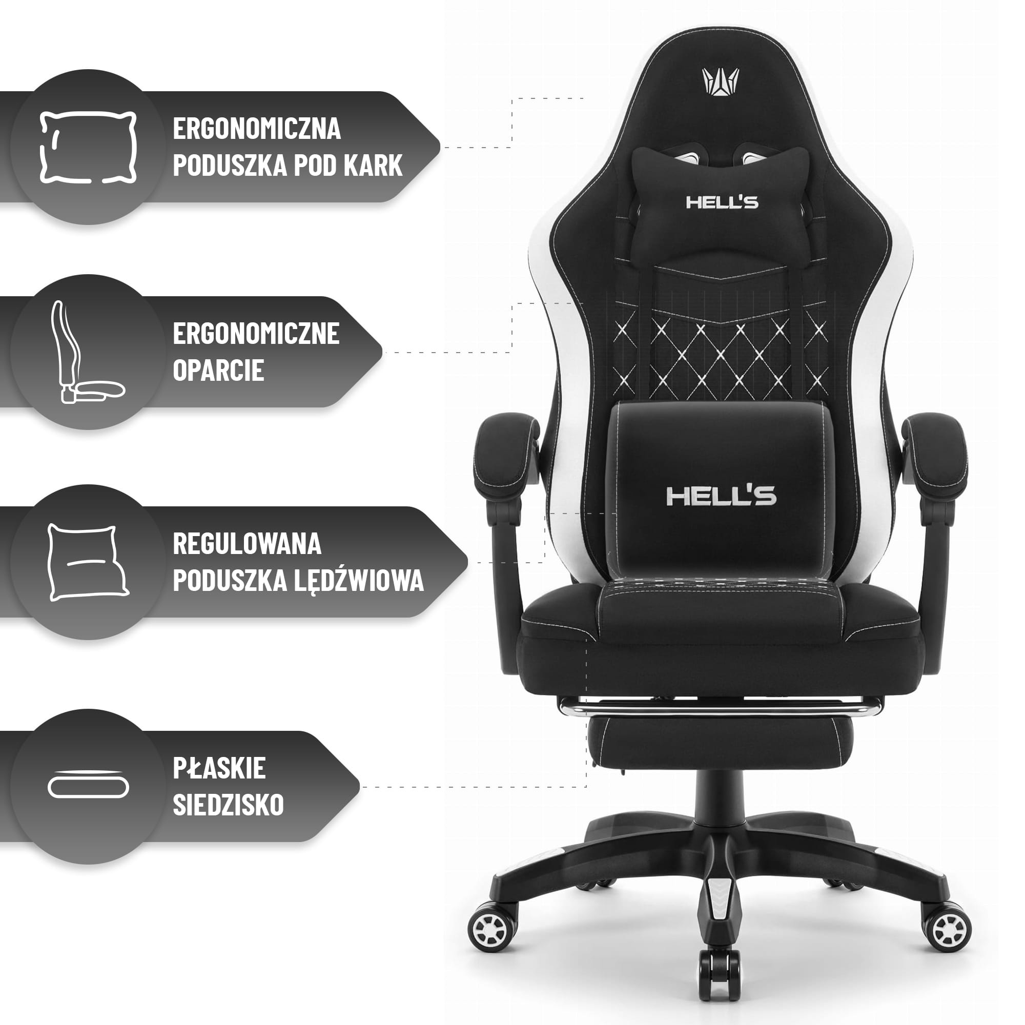 Геймерське крісло Hell's Chair HC-1015 Black White тканина - Зображення 12