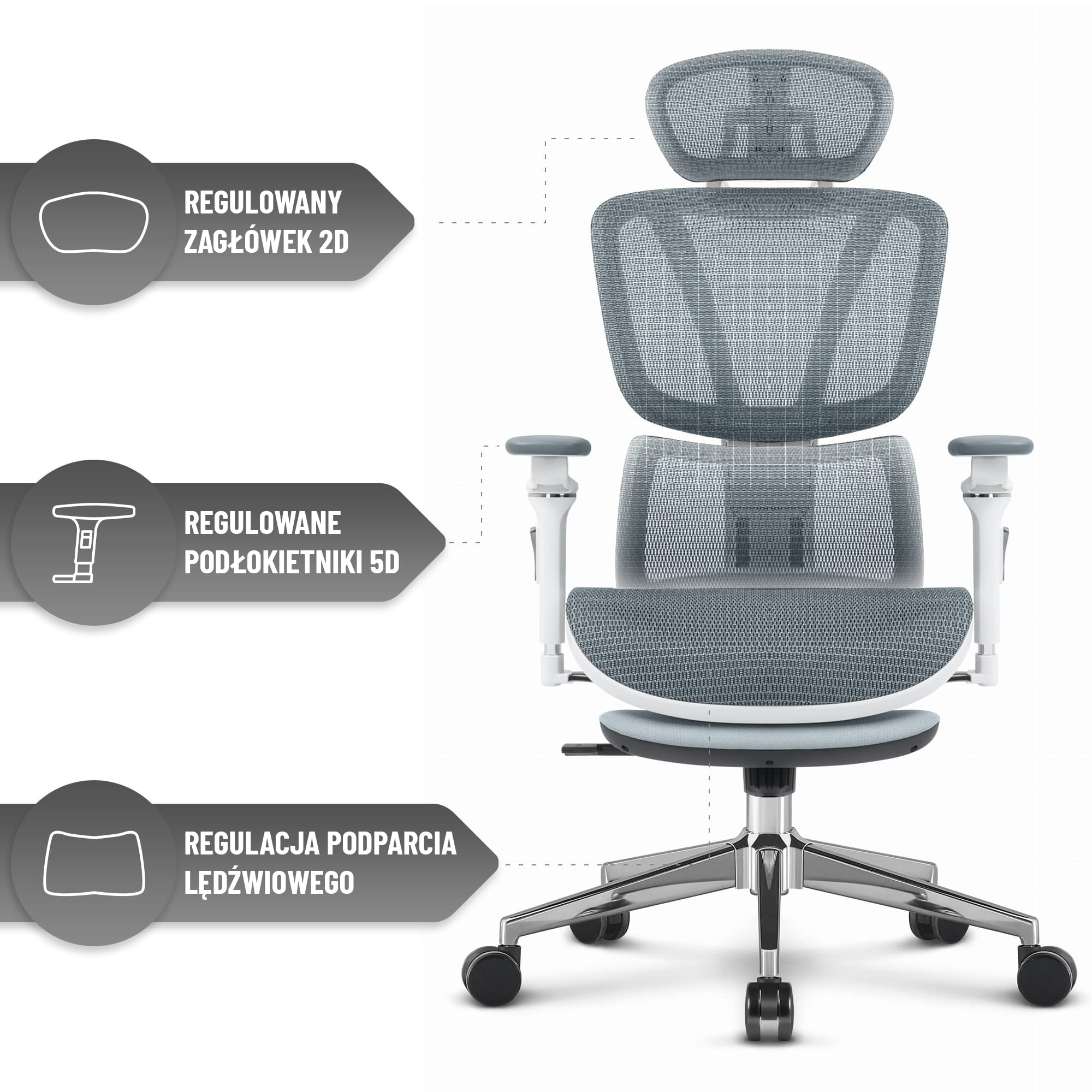 Офісне крісло Hell's Chair HC-1044 Grey White. сітка - Зображення 6